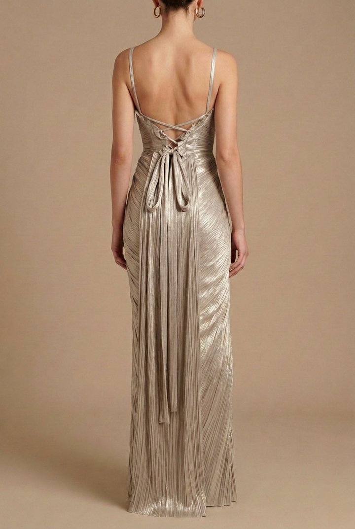 Clara | Robe de Soirée Longue Corset Plissée Dorée