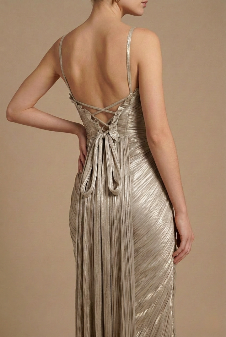 Clara | Robe de Soirée Longue Corset Plissée Dorée