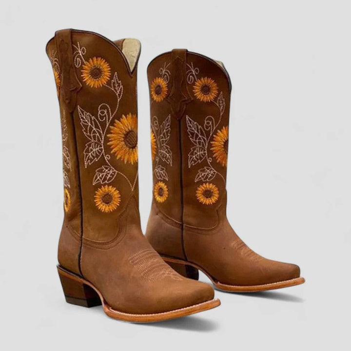 Clémence | Bottes Cowboy Femme Cuir Marron Brodées Fleurs