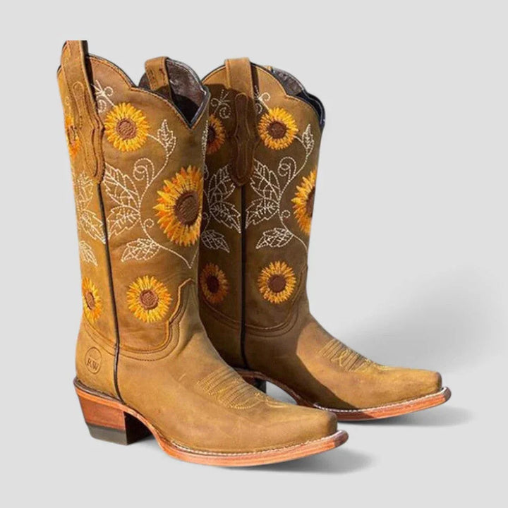 Clémence | Bottes Cowboy Femme Cuir Marron Brodées Fleurs