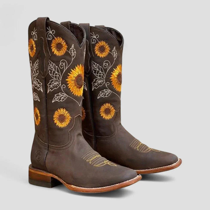 Clémence | Bottes Cowboy Femme Cuir Marron Brodées Fleurs