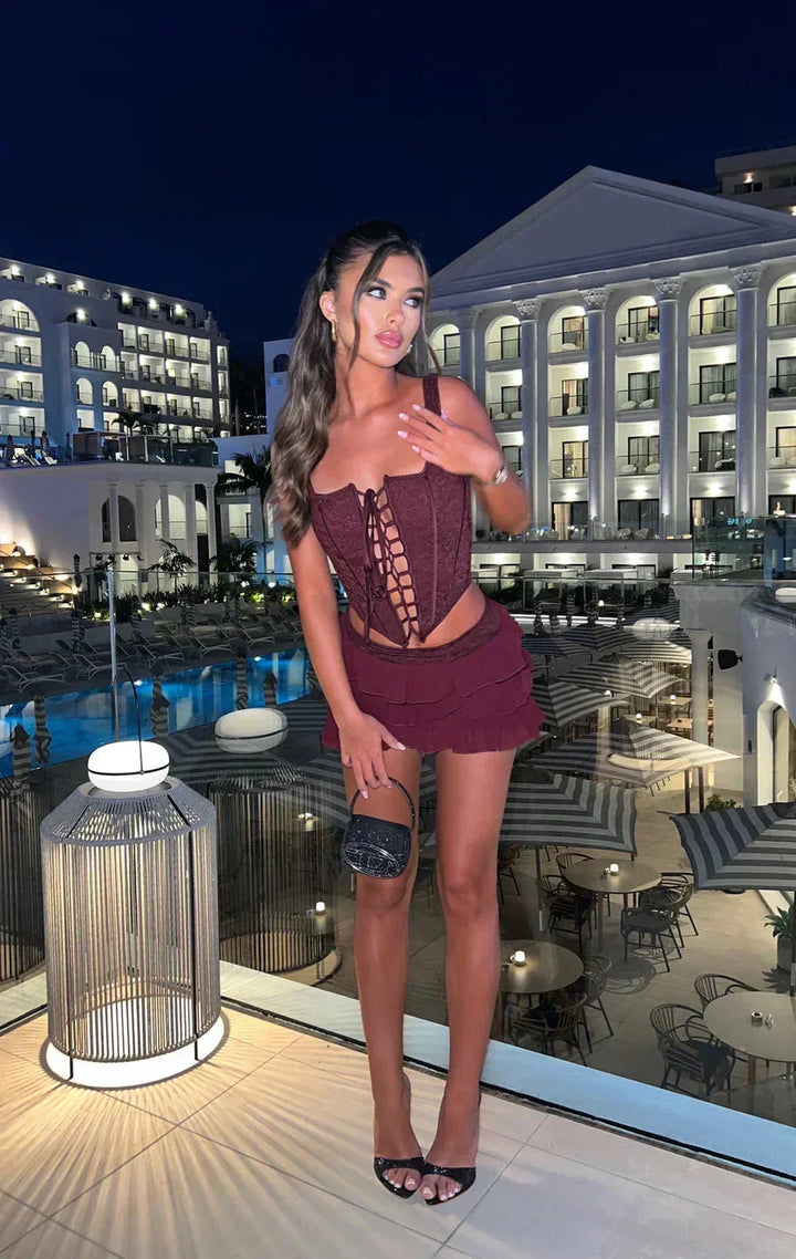 Clémence | Corset Dentelle Mini Jupe Femme Bordeaux