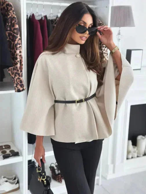 Clémence | Poncho Femme Gris Ceinturé Boutonné Col Haut