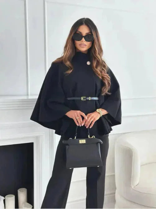 Clémence | Poncho Femme Gris Ceinturé Boutonné Col Haut