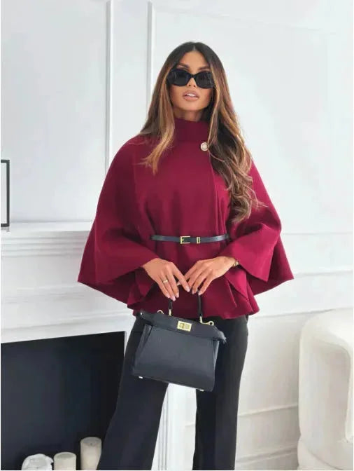 Clémence | Poncho Femme Gris Ceinturé Boutonné Col Haut
