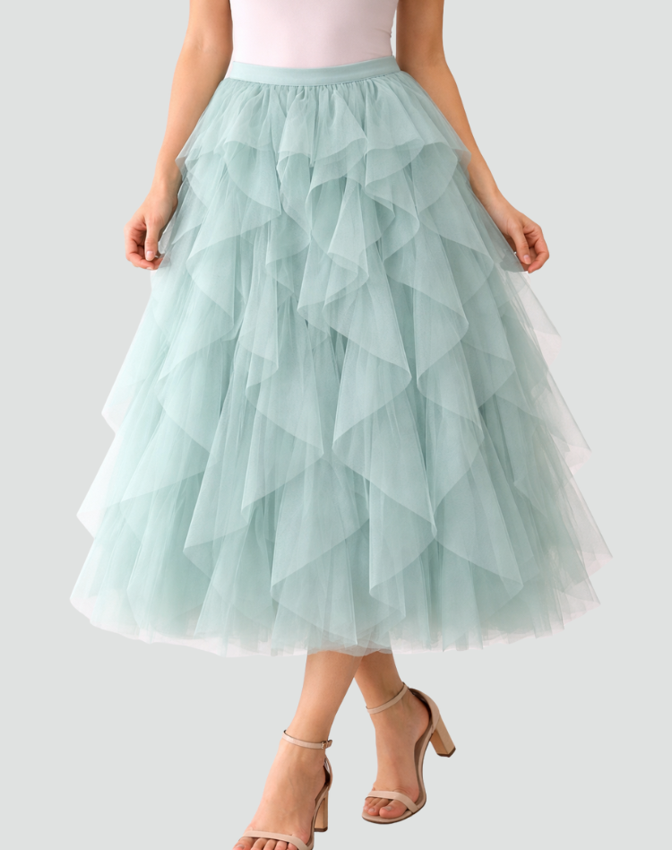 Coralie | Jupe Tulle Midi Femme Taille Haute Volants