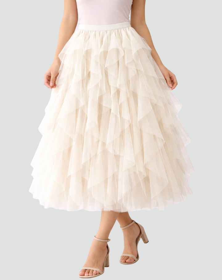 Coralie | Jupe Tulle Midi Femme Taille Haute Volants