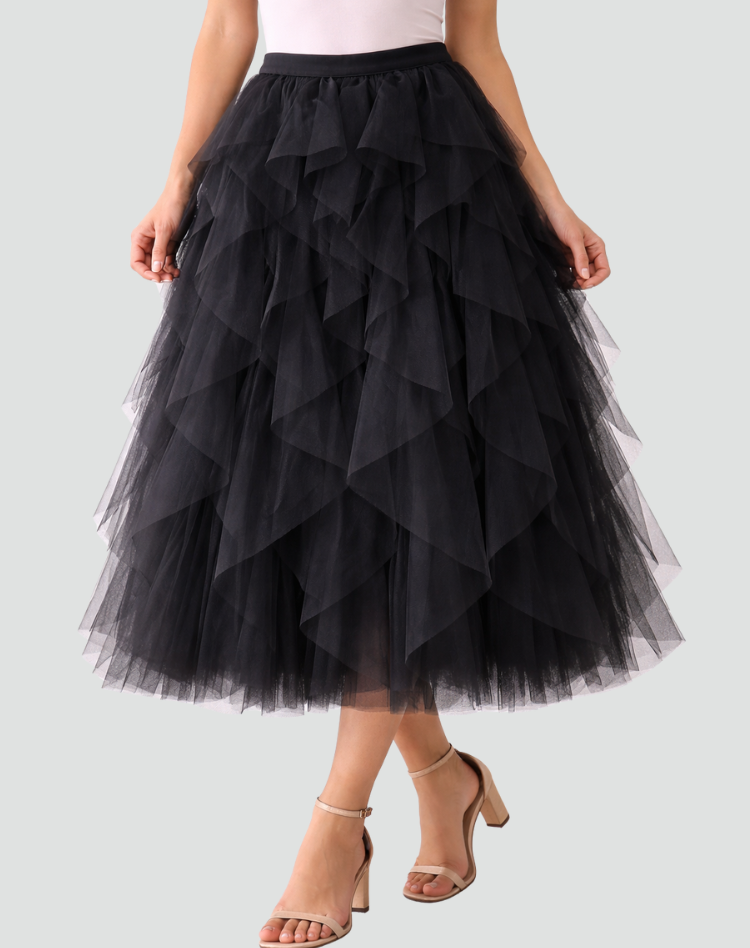 Coralie | Jupe Tulle Midi Femme Taille Haute Volants