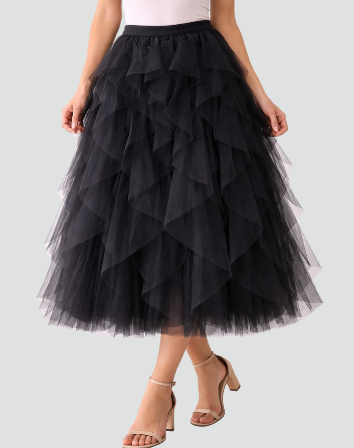 Coralie | Jupe Tulle Midi Femme Taille Haute Volants