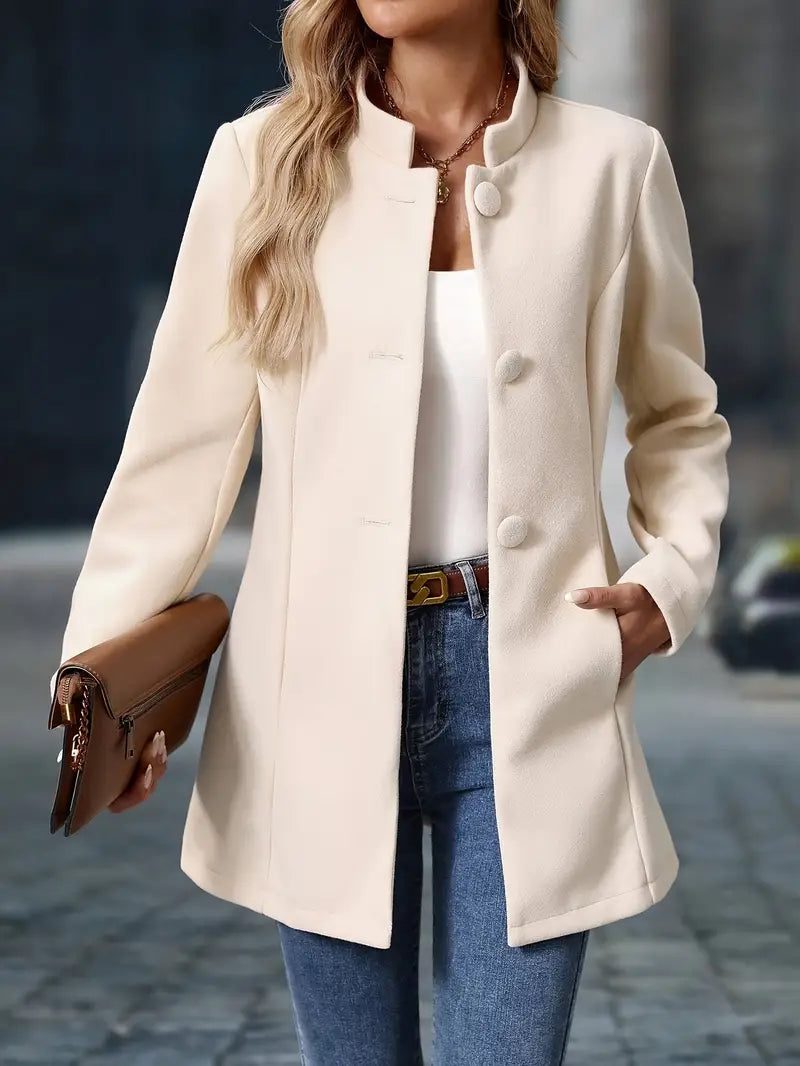 Coralie | Manteau Femme Crème Col Montant Boutonné