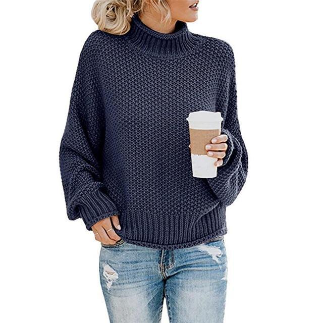 Coralie | Pull Col Roulé Bleu Maille Épaisse Femme