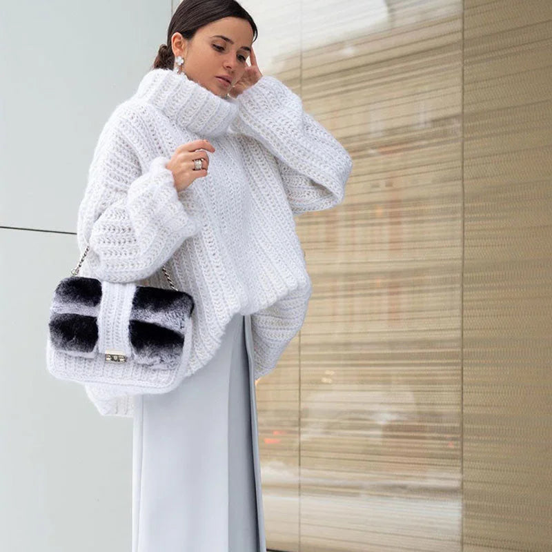 Coralie | Pull Col Roulé Femme Oversize Côtelé Manches Bouffantes