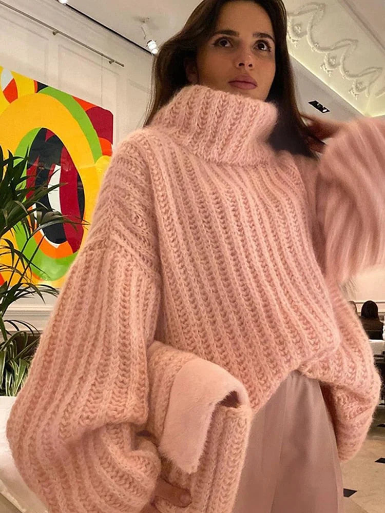 Coralie | Pull Col Roulé Femme Oversize Côtelé Manches Bouffantes
