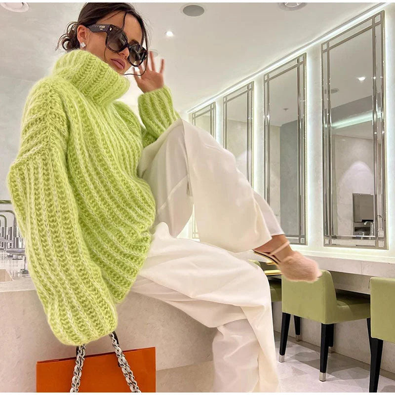 Coralie | Pull Col Roulé Femme Oversize Côtelé Manches Bouffantes