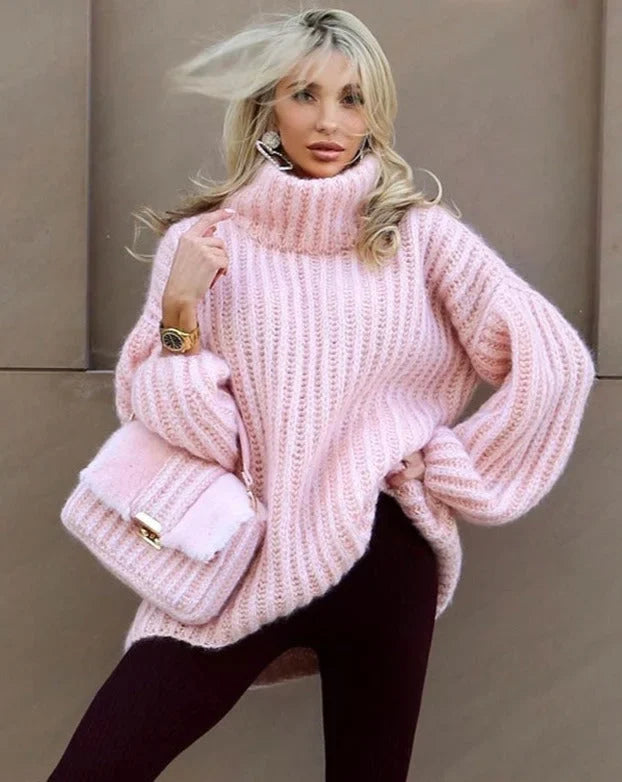 Coralie | Pull Col Roulé Femme Oversize Côtelé Manches Bouffantes