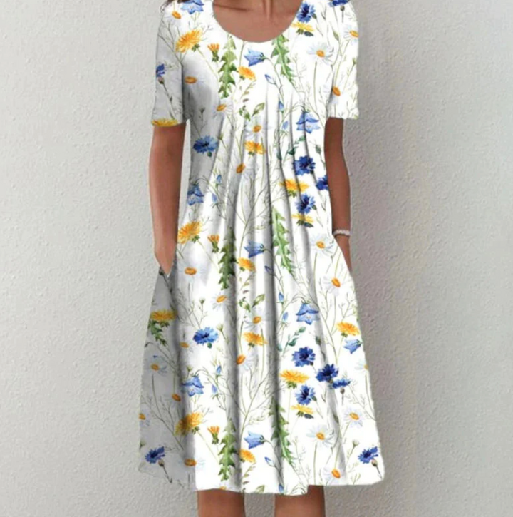 Coralie | Robe Femme Fleurie Midi Manches Courtes