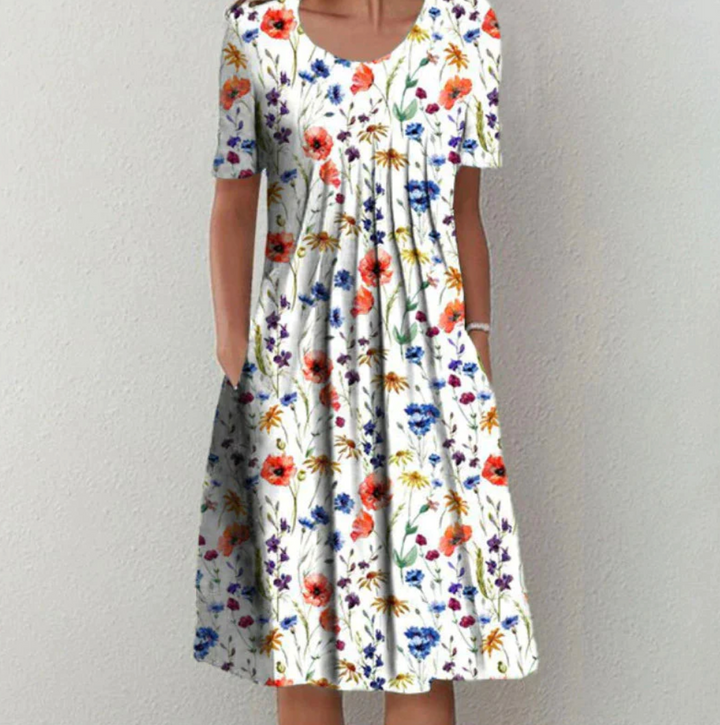 Coralie | Robe Femme Fleurie Midi Manches Courtes