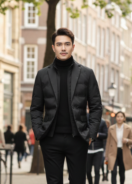 David | Blazer Doudoune Noir Homme Boutonné Col Cranté