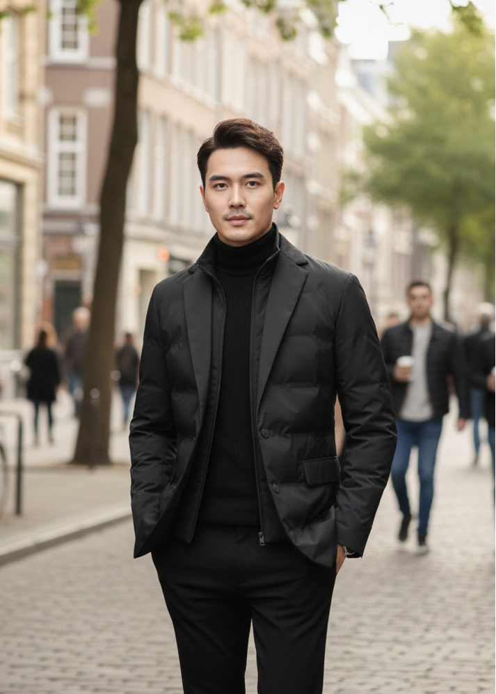 David | Blazer Doudoune Noir Homme Boutonné Col Cranté