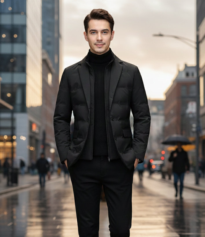 David | Blazer Doudoune Noir Homme Boutonné Col Cranté