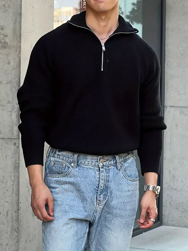 David | Pull Homme Col Zippé Maille Côtelée Beige