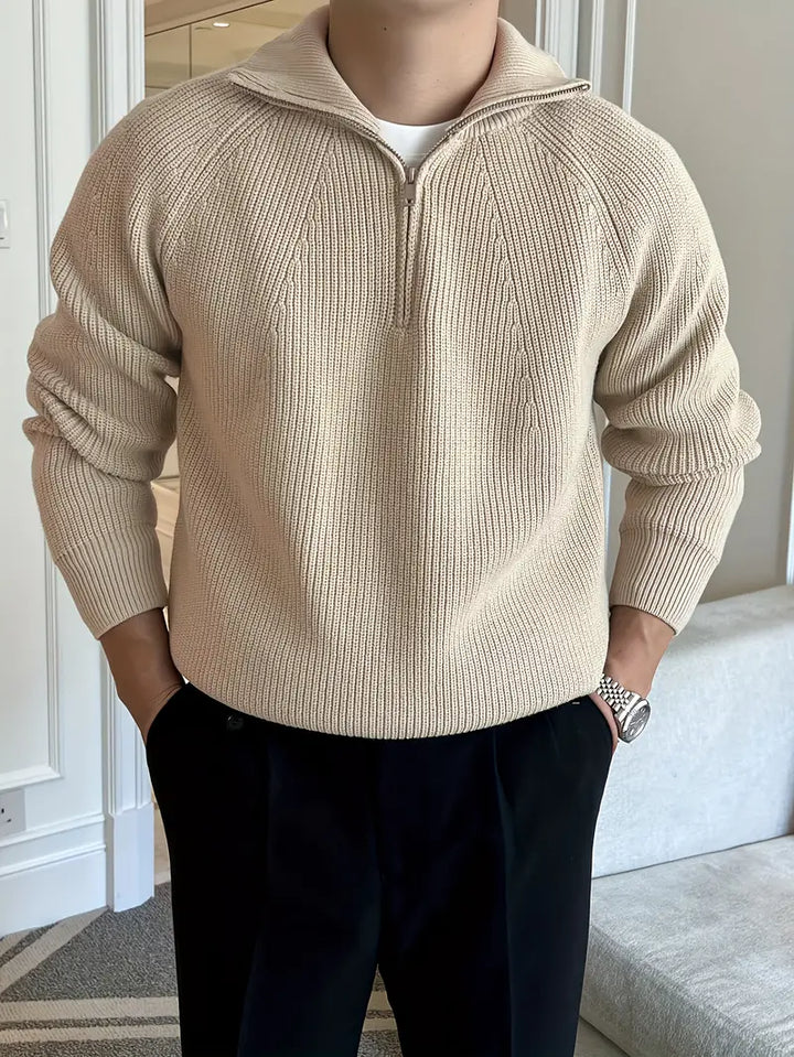 David | Pull Homme Col Zippé Maille Côtelée Beige