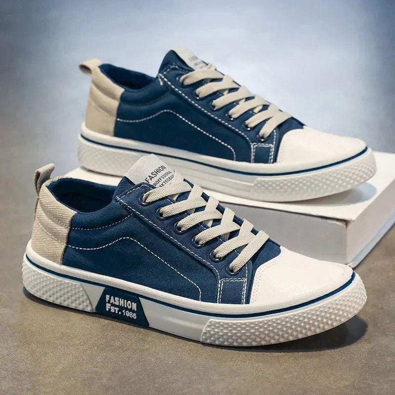 Dominique | Baskets Basses Bleues en Toile à Lacets