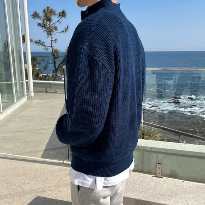 Edouard | Pull Homme Marine Col Zippé Maille Gaufrée