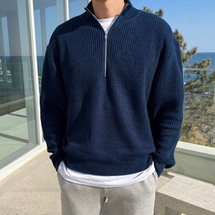 Edouard | Pull Homme Marine Col Zippé Maille Gaufrée