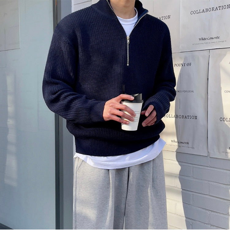 Edouard | Pull Homme Marine Col Zippé Maille Gaufrée