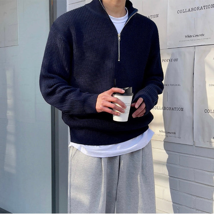 Edouard | Pull Homme Marine Col Zippé Maille Gaufrée