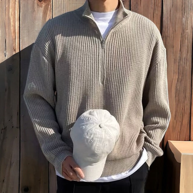 Edouard | Pull Homme Marine Col Zippé Maille Gaufrée