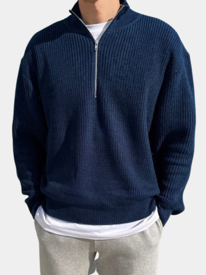 Edouard | Pull Homme Marine Col Zippé Maille Gaufrée