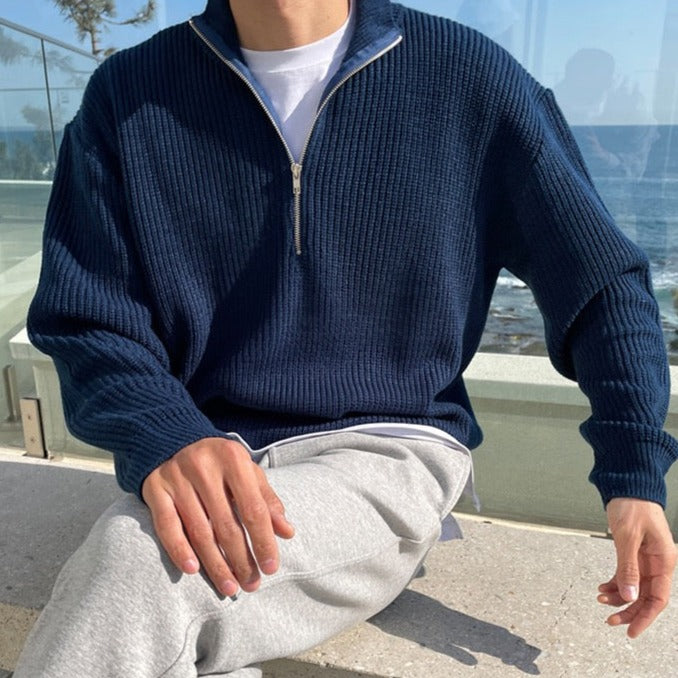 Edouard | Pull Homme Marine Col Zippé Maille Gaufrée