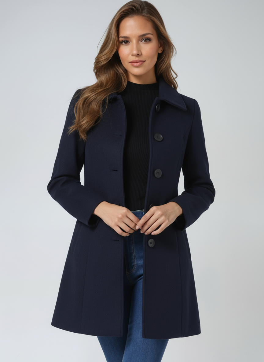 Éléonore | Manteau Long Femme Noir Cintré Boutonné