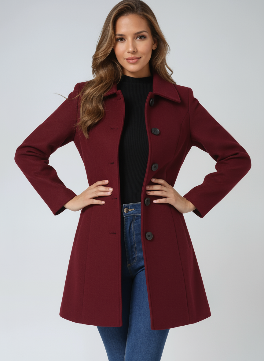 Éléonore | Manteau Long Femme Noir Cintré Boutonné