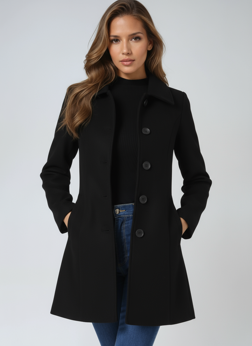 Éléonore | Manteau Long Femme Noir Cintré Boutonné
