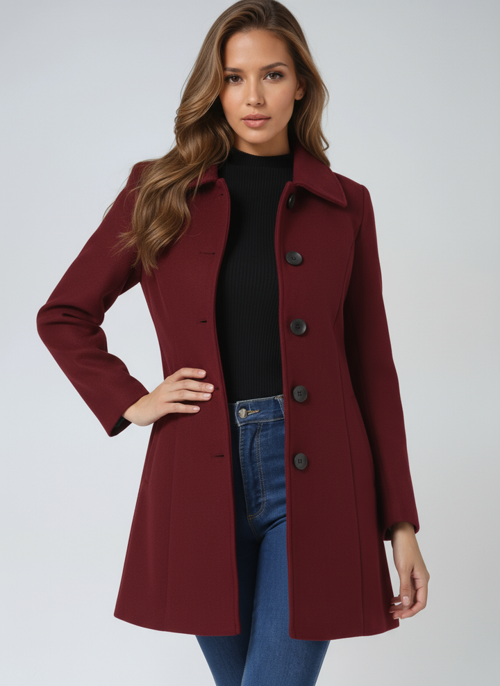 Éléonore | Manteau Long Femme Noir Cintré Boutonné