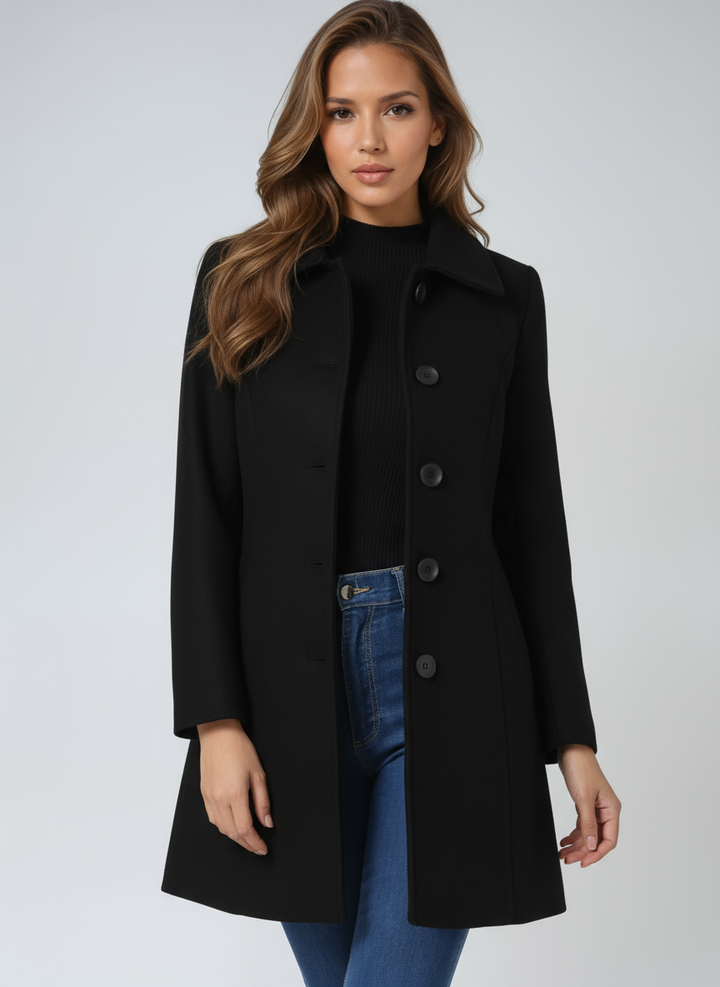 Éléonore | Manteau Long Femme Noir Cintré Boutonné