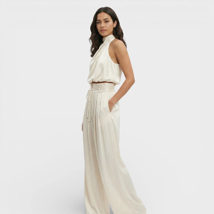 Éléonore | Pantalon Large Femme Taille Haute Blanc Crème