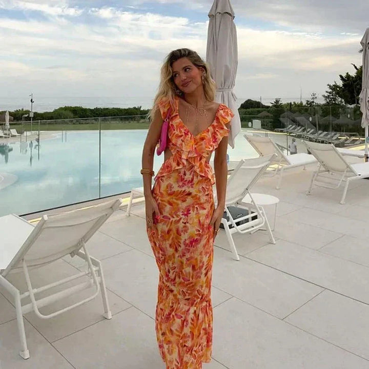 Éléonore | Robe Femme Fleurie Maxi à Volants