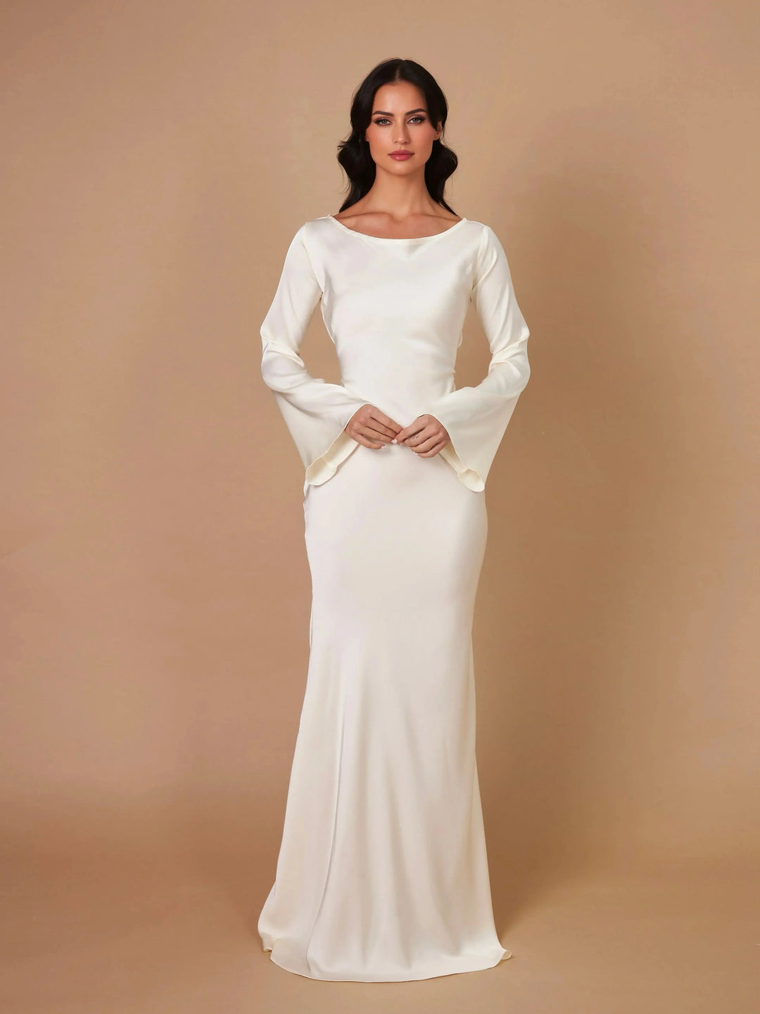 Éléonore | Robe Longue Satin Crème Manches Évasées