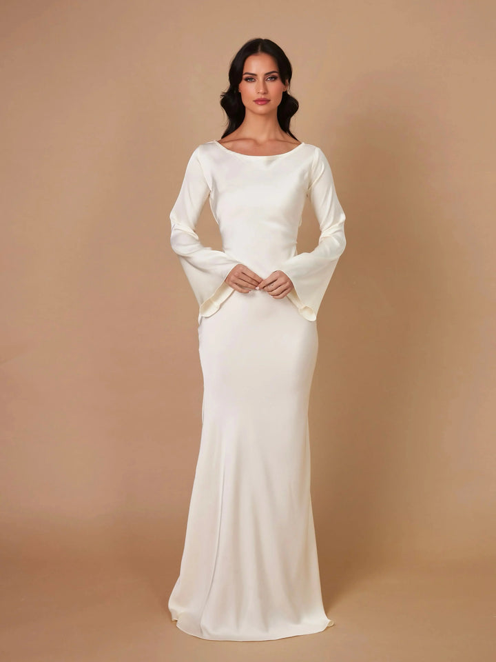 Éléonore | Robe Longue Satin Crème Manches Évasées