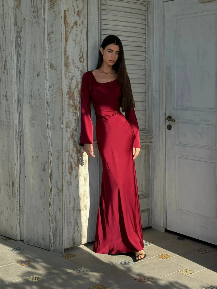 Éléonore | Robe Longue Satin Crème Manches Évasées