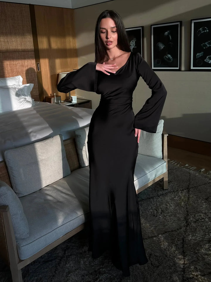 Éléonore | Robe Longue Satin Crème Manches Évasées