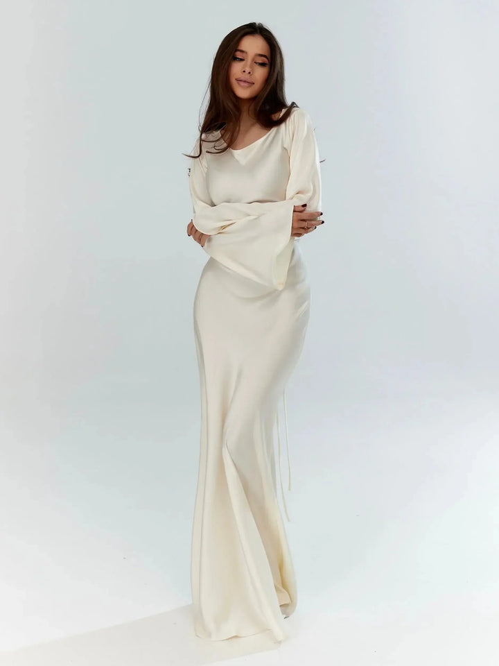 Éléonore | Robe Longue Satin Crème Manches Évasées