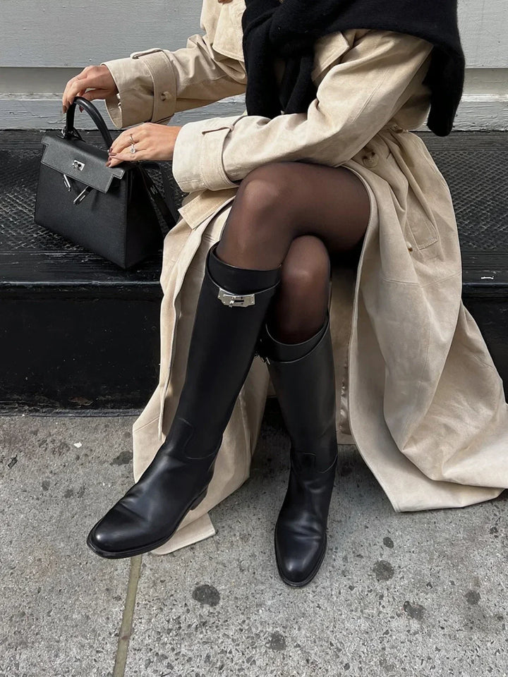 Élodie | Bottes Cavalières Femme Cuir Noir Talon Bloc