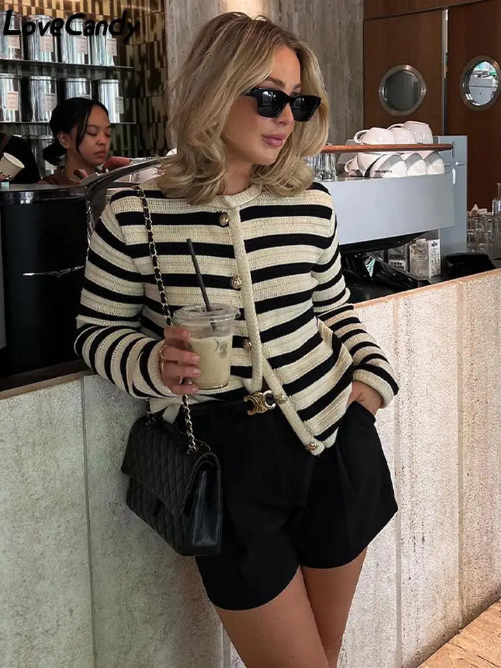 Élodie | Cardigan Rayé Boutonné Femme Manches Longues