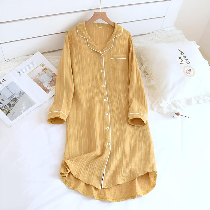 Élodie | Chemise de Nuit Rayée Coton Femme Manches Longues