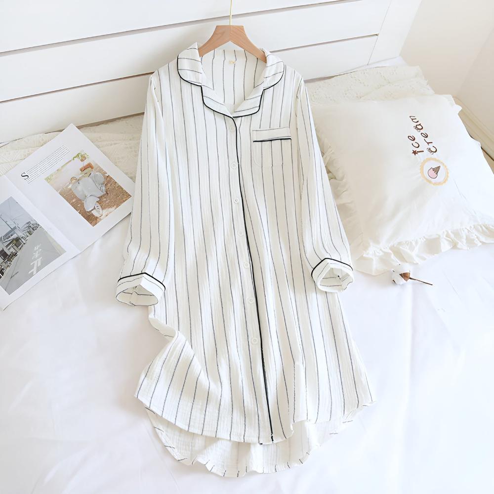 Élodie | Chemise de Nuit Rayée Coton Femme Manches Longues